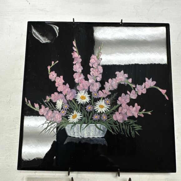 Vintage Pair Of 2 USOTCO Romany Hand Painted Black 6” Tile Floral Flowers MCM - Picture 3 of 7